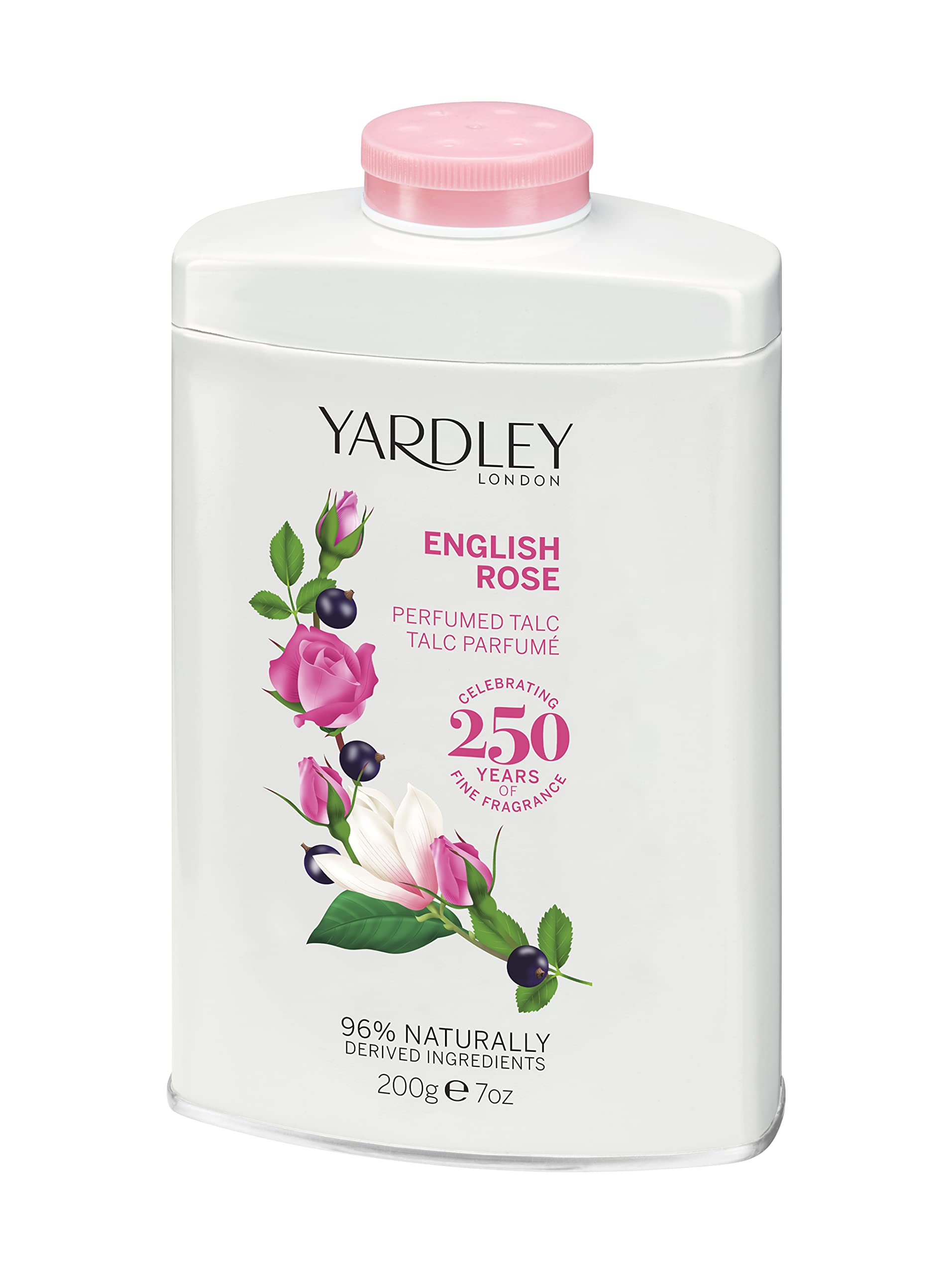 Yardley London English Rose perfumed talc 7oz front view for an enduring floral scent.