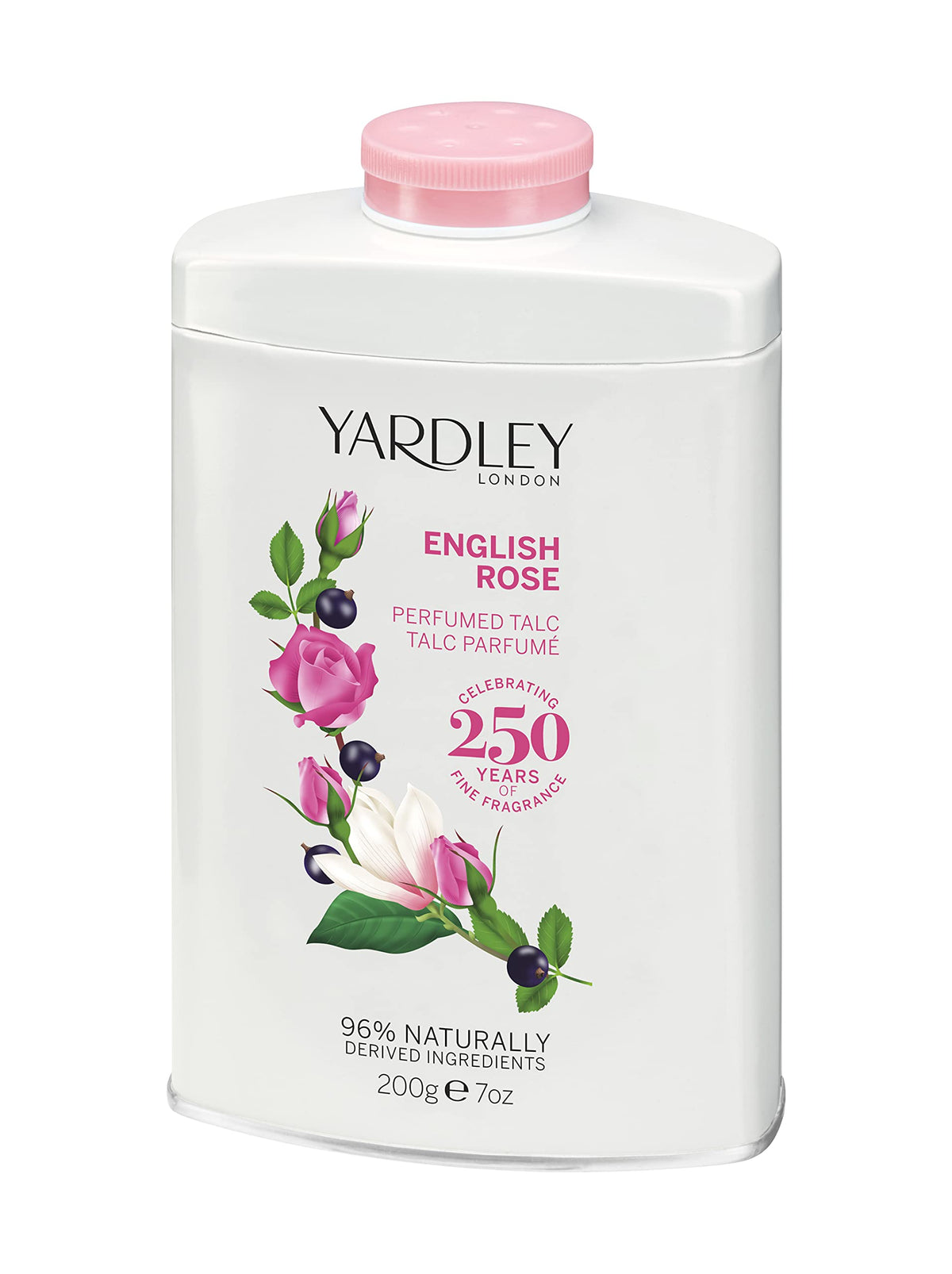 Yardley London English Rose perfumed talc 7oz front view for an enduring floral scent.