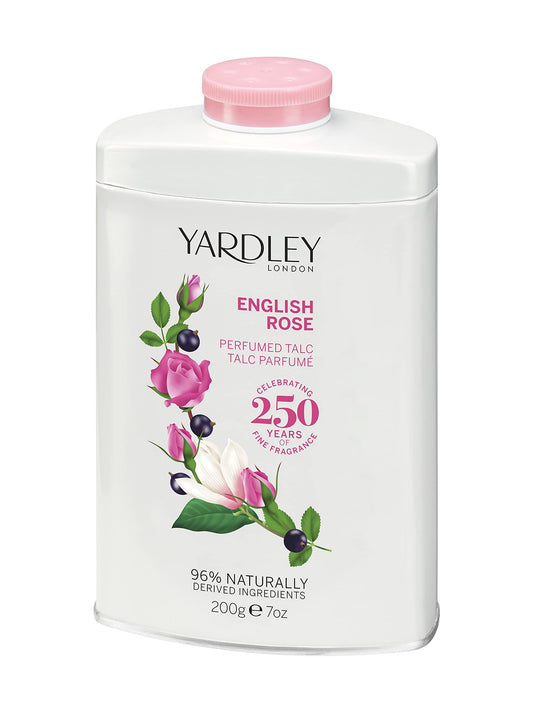 Yardley London English Rose perfumed talc 7oz front view for an enduring floral scent.