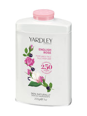 Yardley London English Rose perfumed talc 7oz front view for an enduring floral scent.