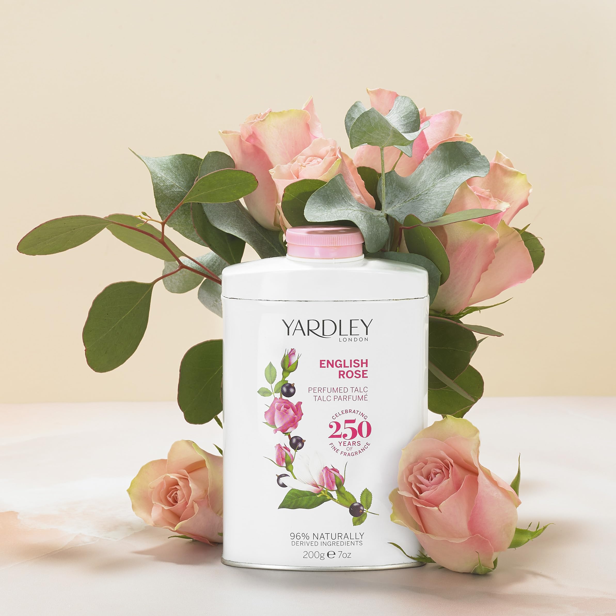 Yardley London English Rose talc jar closeup highlighting elegant packaging and scent.