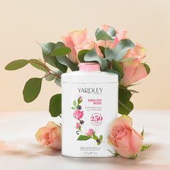 Yardley London English Rose talc jar closeup highlighting elegant packaging and scent.