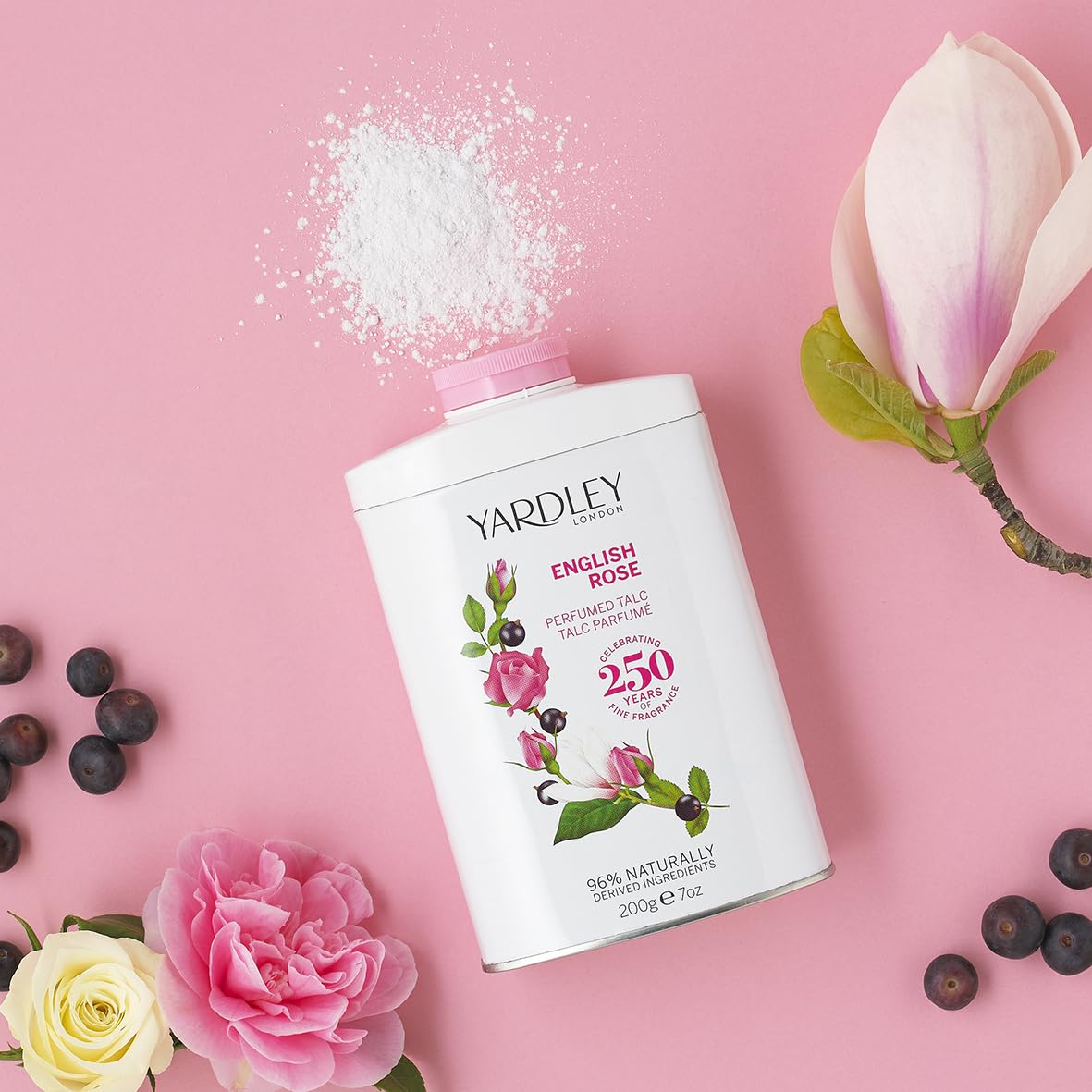 Yardley London English Rose talc powder dispensing action for quick refresh.