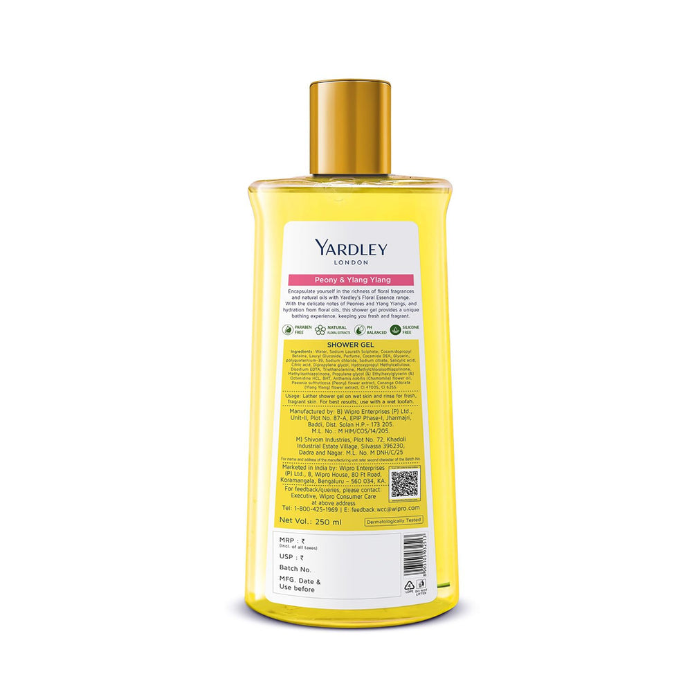 Yardley London Floral Essence gel close-up highlights Peony and Ylang Ylang fragrance.