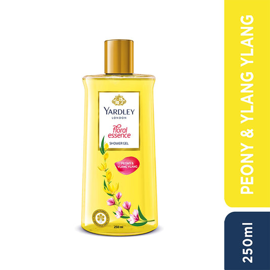Yardley London Floral Essence bottle side view showing creamy lather ready for shower.