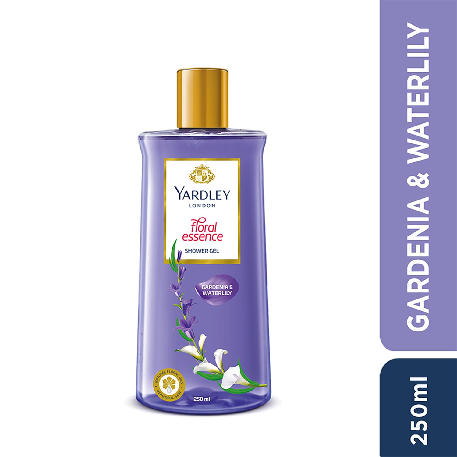 Yardley London Floral Essence Shower Gel bottle close-up highlighting gardenia-waterlily scent.