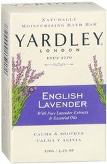 Yardley London moisturizing bar English Lavender resting beside a towel for a calm shower routine.