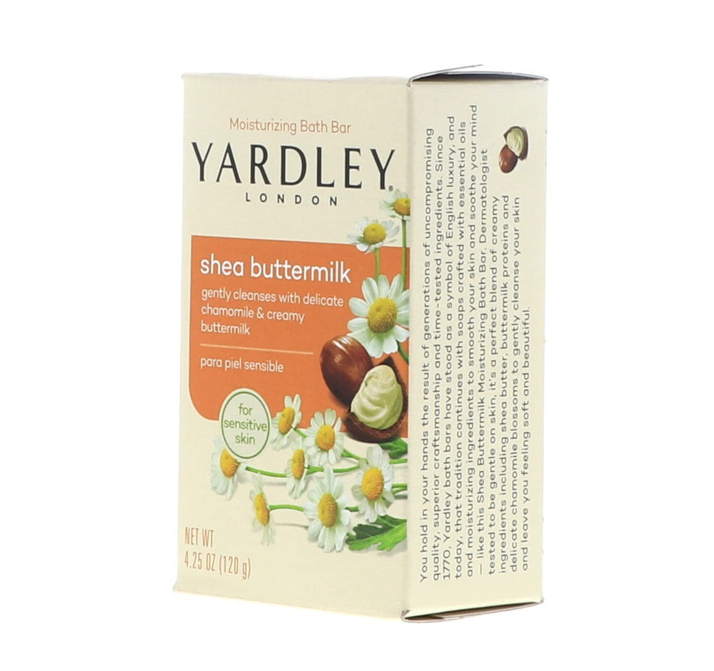 Yardley London bar soap closeup highlights creamy texture and chamomile notes.