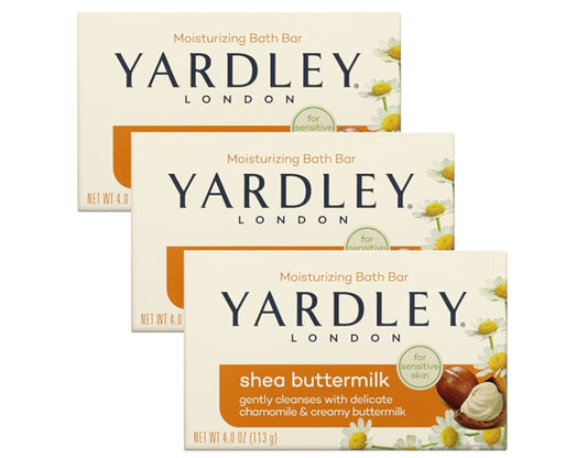 Yardley London Shea Buttermilk Bath Bar pack shot highlighting the 3-pack for daily use