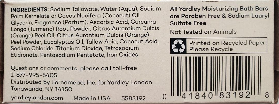 Yardley London Vitamin C bath bar brightens and tones skin with turmeric and orange peel.