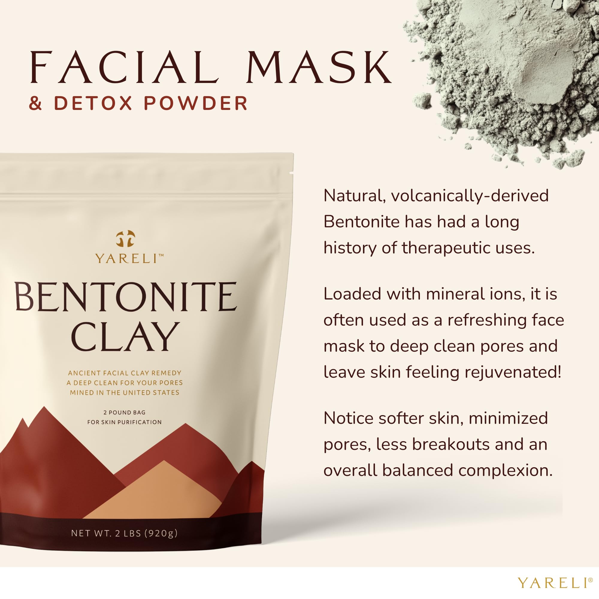 YARELI Bentonite clay face mask application demonstrating purifying mineral balance.