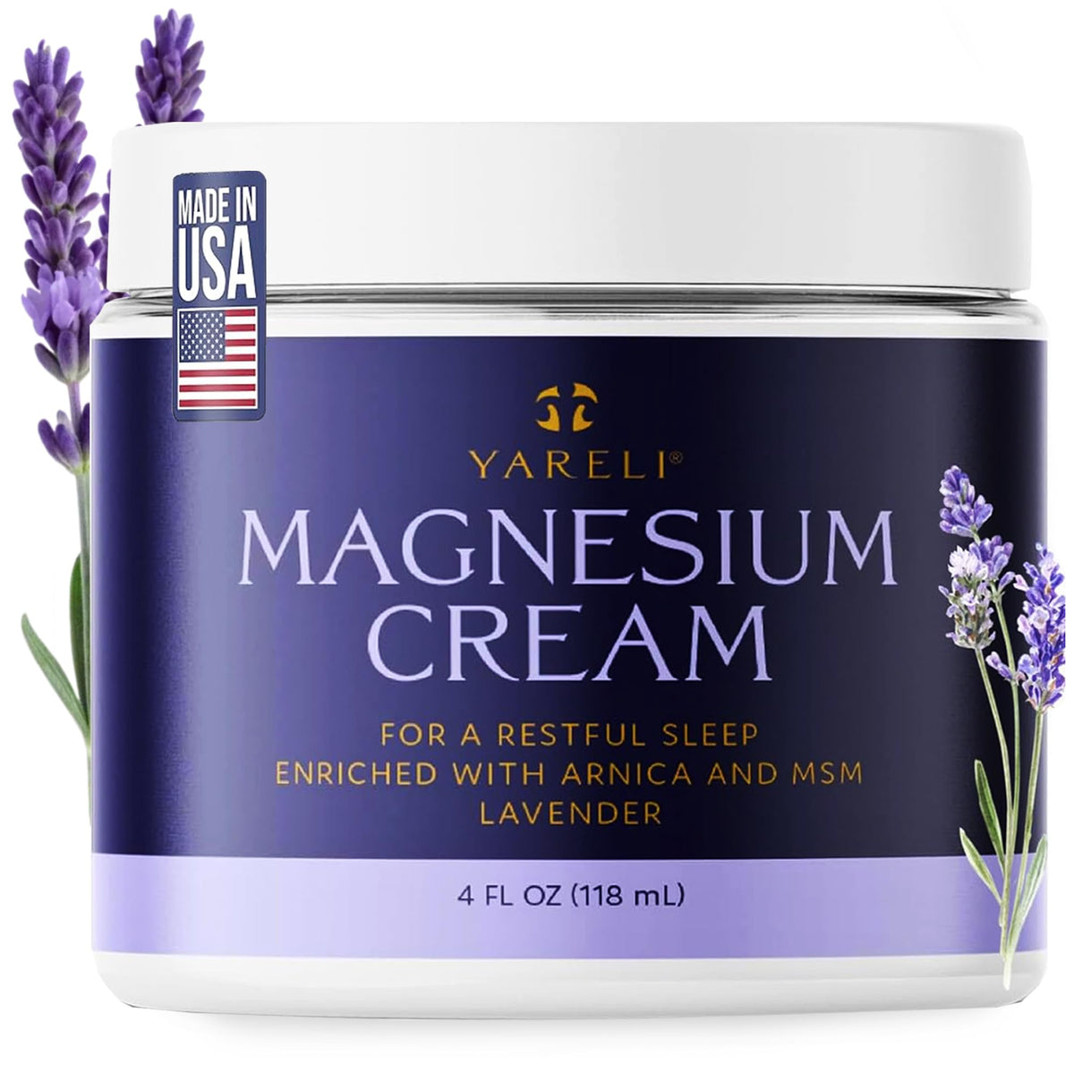 YARELI magnesium cream bottle with arnica and MSM for deep muscle comfort