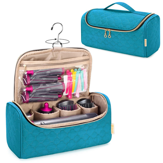 Yarwo Airwrap travel case in teal peach-skin fabric protects your styling kit on the go