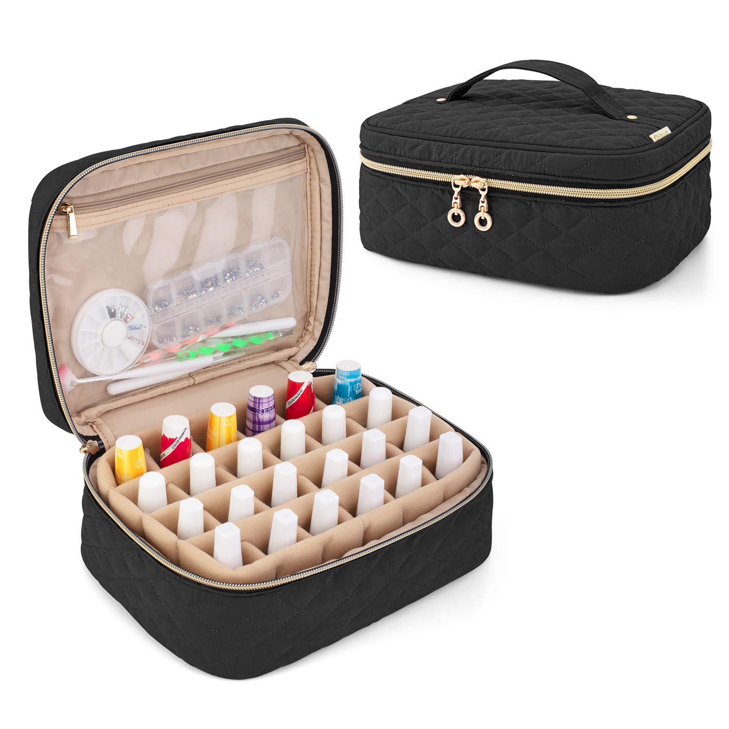 Yarwo nail polish bag showing 24-bottle capacity for organized storage on a counter