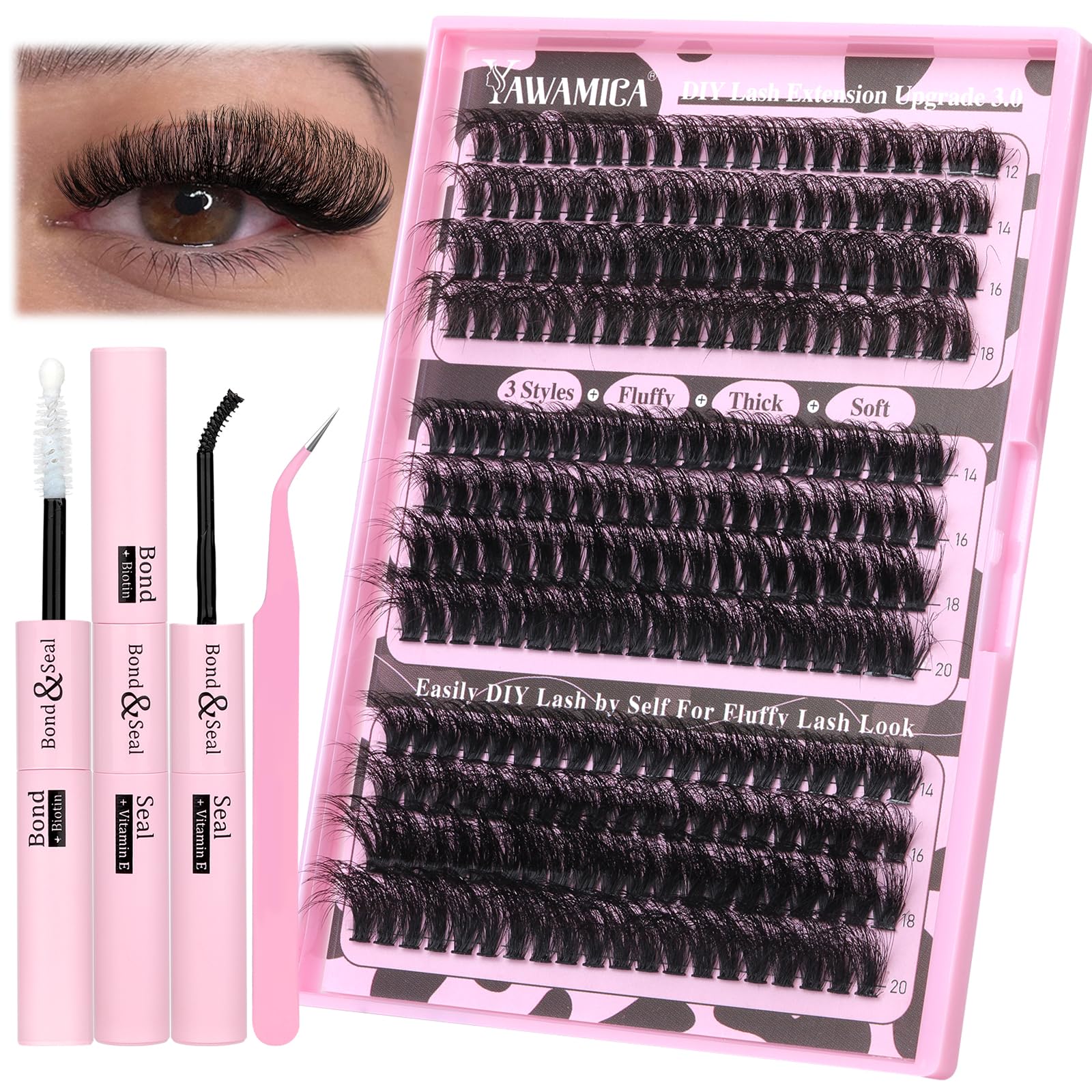 Yawamica eyelash extension kit with fluffy lashes for a fuller daytime look