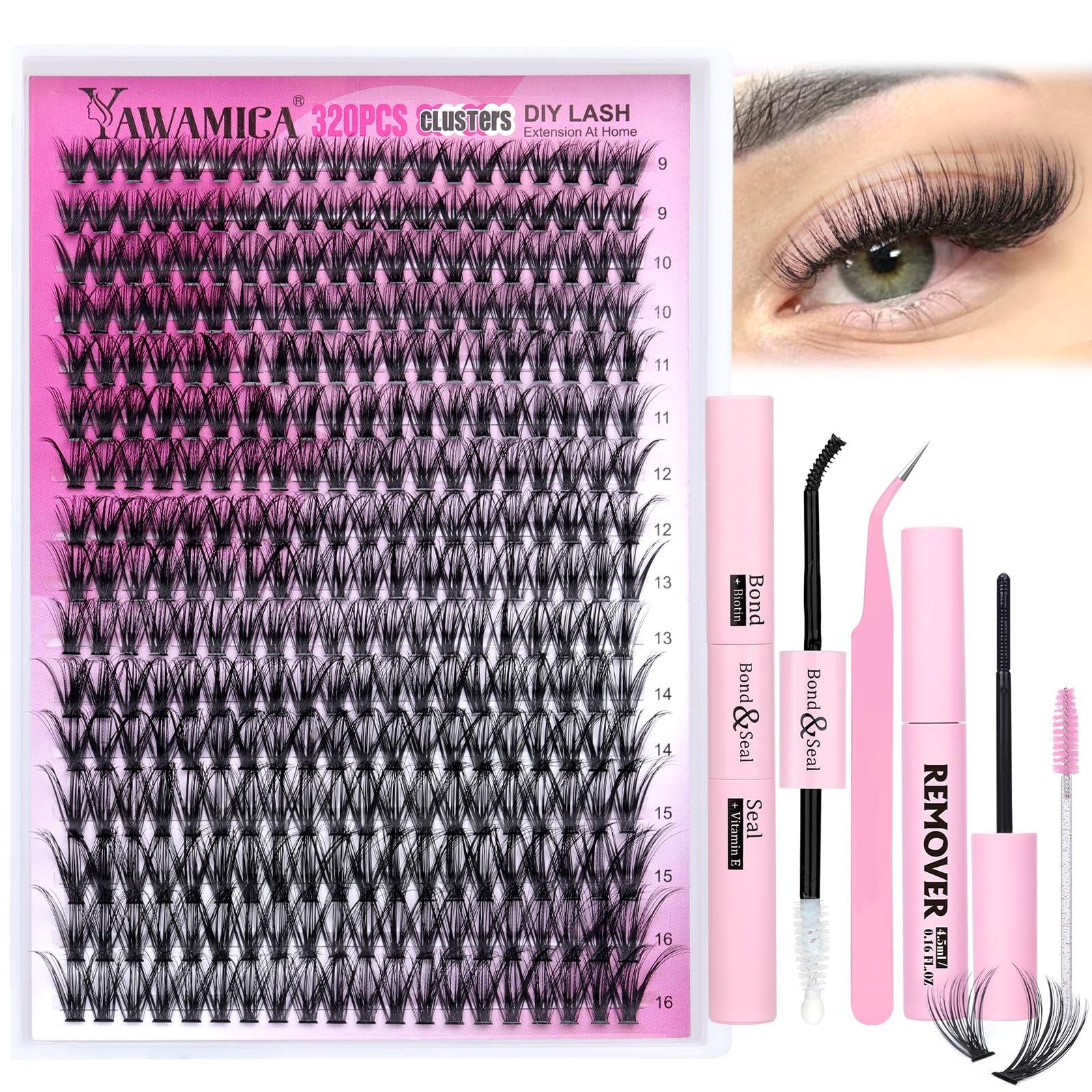Yawamica lash clusters 320pcs kit for at-home extensions with salon-like look.