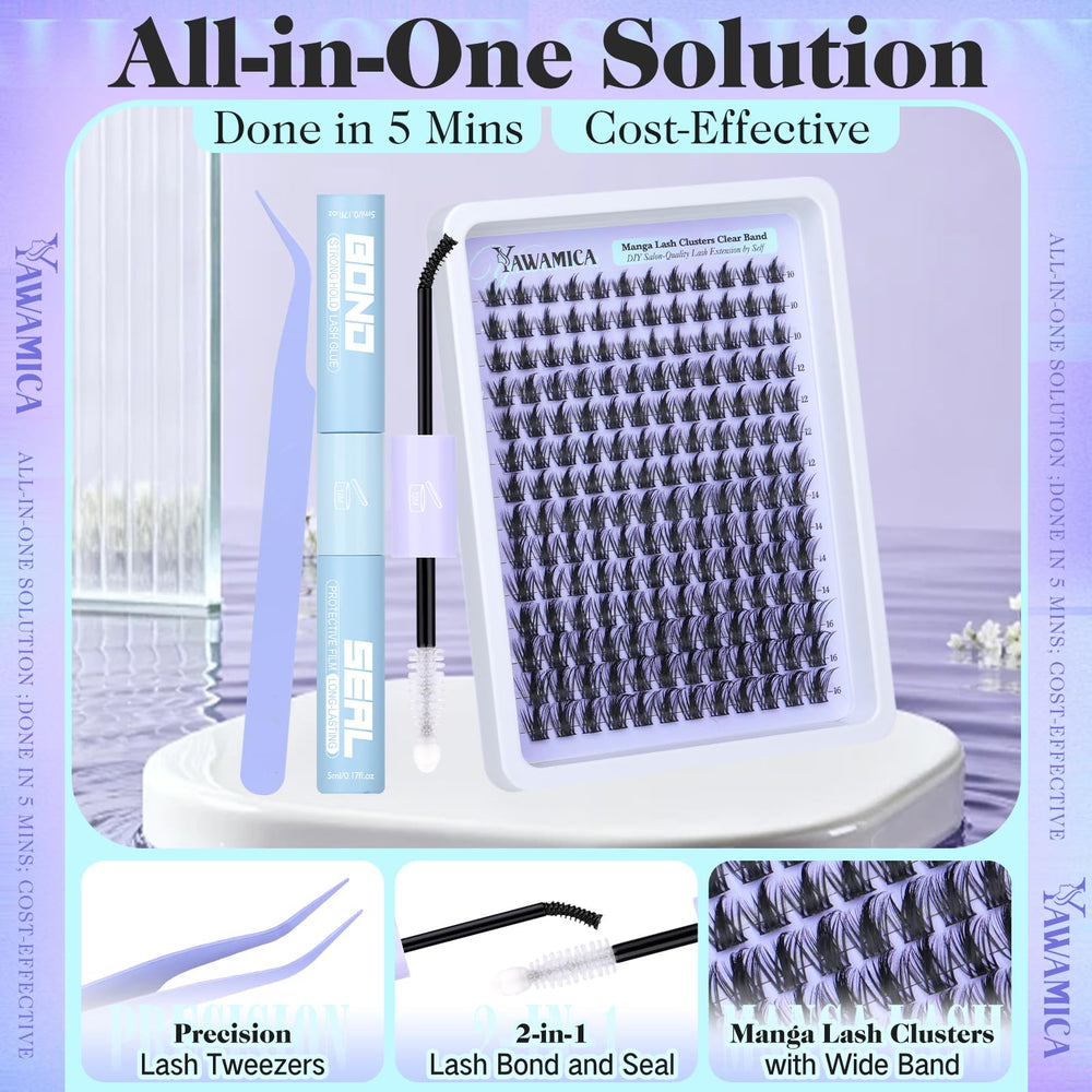 Yawamica manga lash kit included items: clusters, bond & seal, tweezers.