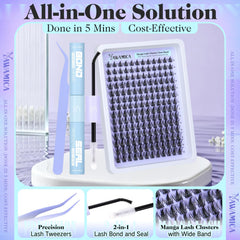 Yawamica manga lash kit included items: clusters, bond & seal, tweezers.