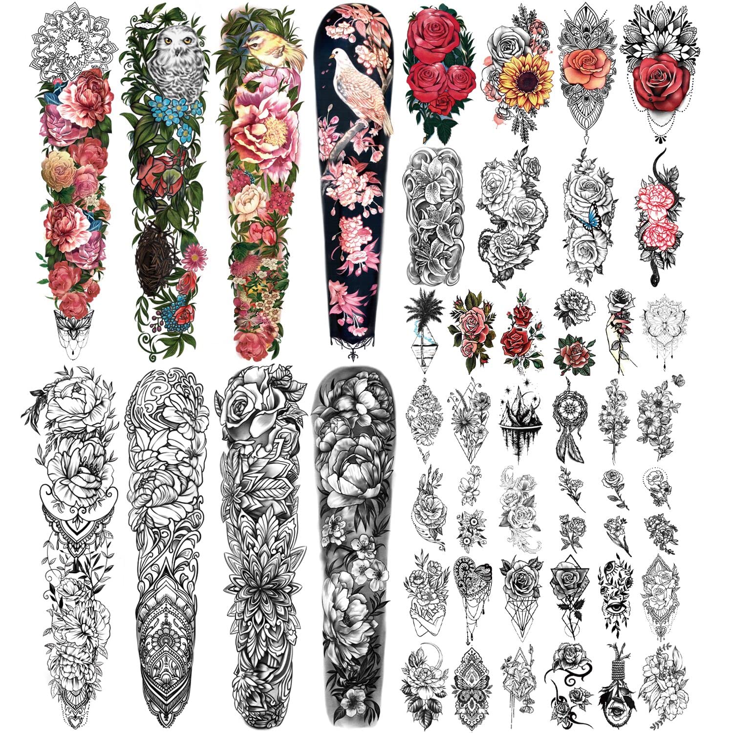Yazhiji 46-sheet full-arm tattoo designs cover the arm with a dramatic floral look