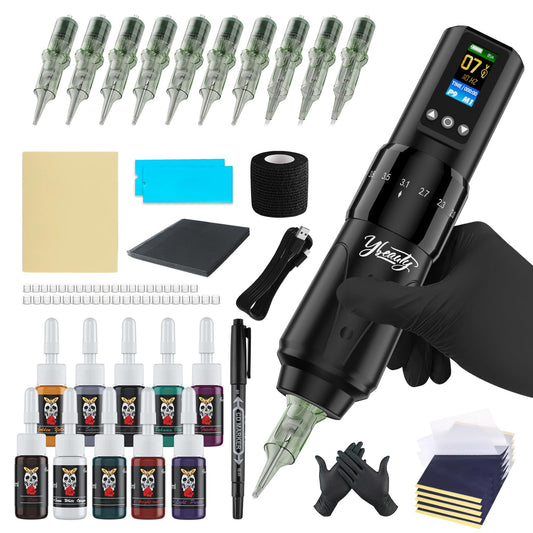 Ybeauty Wireless Tattoo Gun Kit front view showing compact beginner-friendly setup