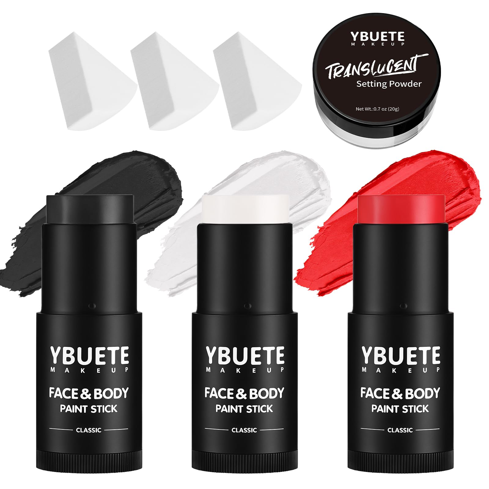 YBUETE face paint sticks in black, white, and red for bold, full-coverage looks