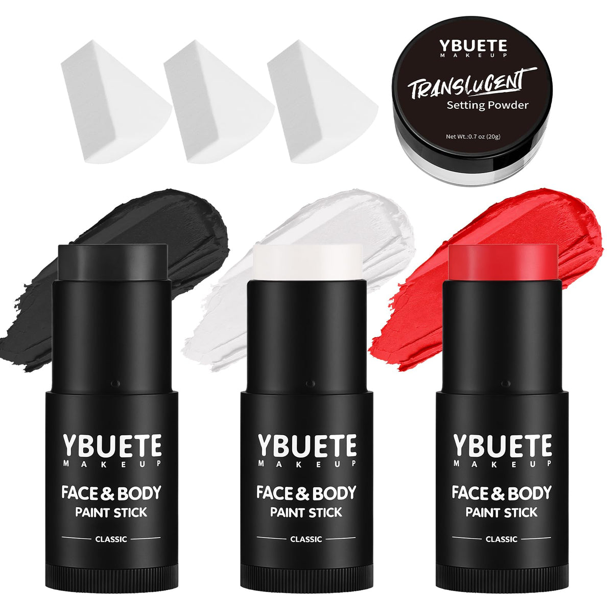 YBUETE face paint sticks in black, white, and red for bold, full-coverage looks