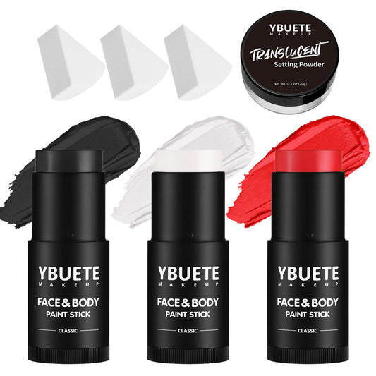 YBUETE face paint sticks in black, white, and red for bold, full-coverage looks