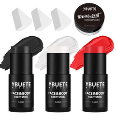 YBUETE face paint sticks in black, white, and red for bold, full-coverage looks