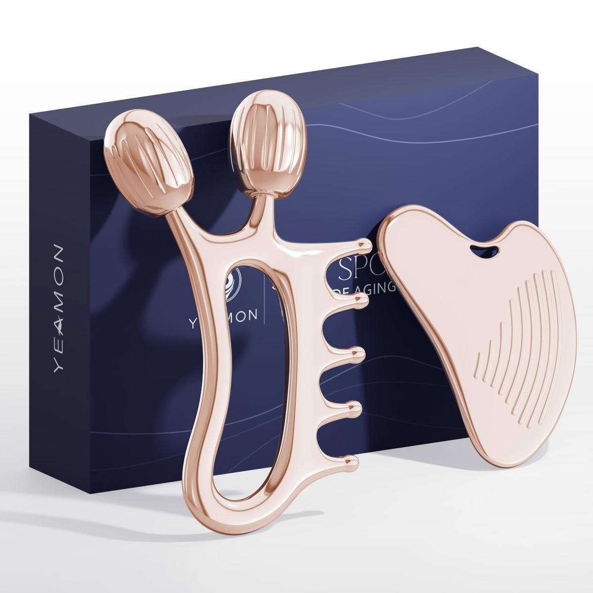 Yeamon 3in1 gua sha roller comb set for facial contouring and relaxing massage.