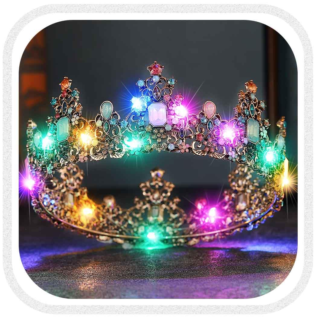 Yean LED Baroque Crown front view highlights crystal detailing for a regal ceremony.