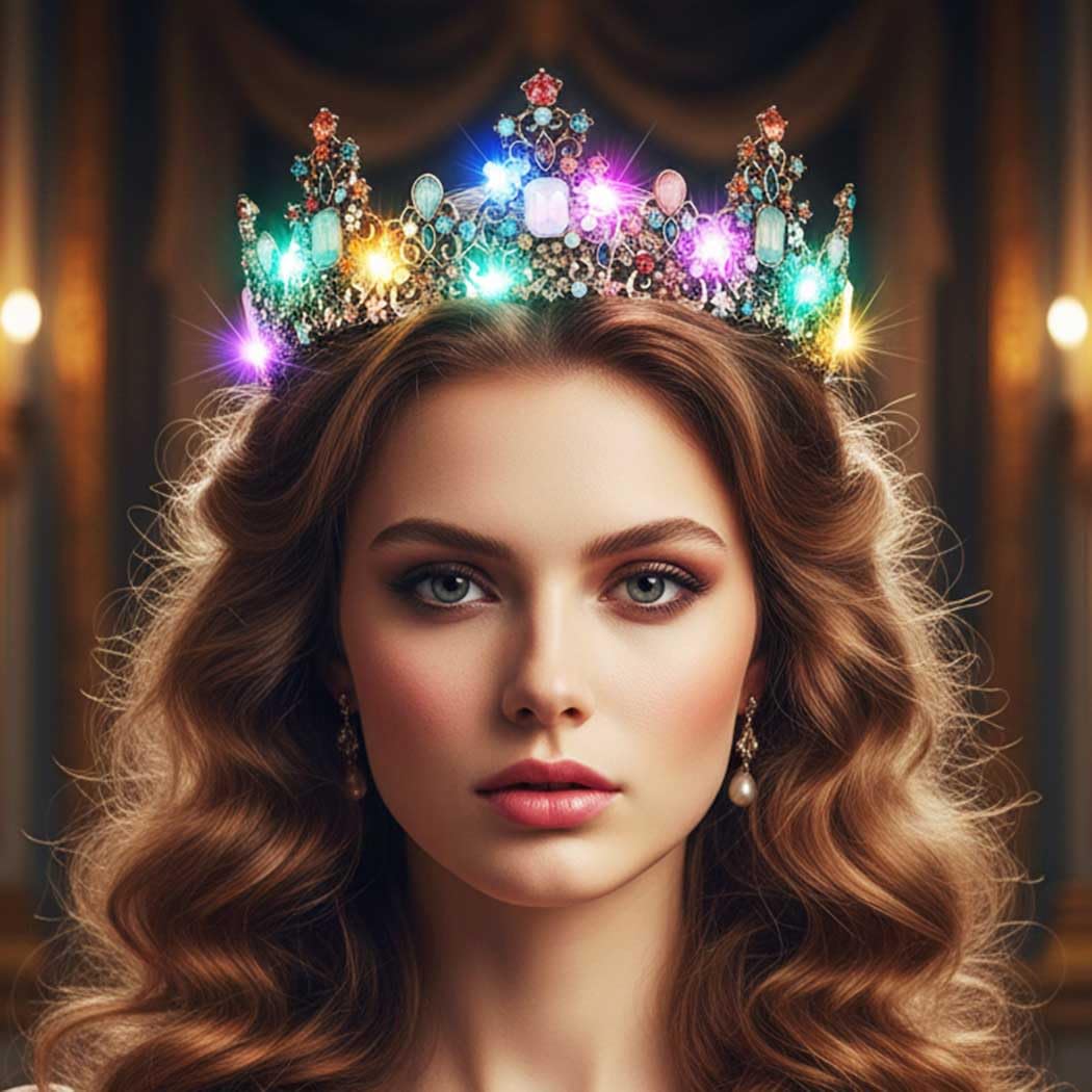 Yean LED Baroque Crown on head demonstrates elegant wearability for weddings.