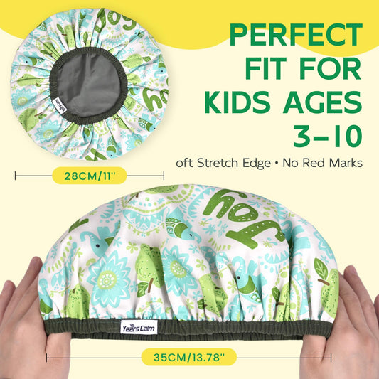 Years calm Kids Shower Cap with cat print keeps hair dry and playful during baths.