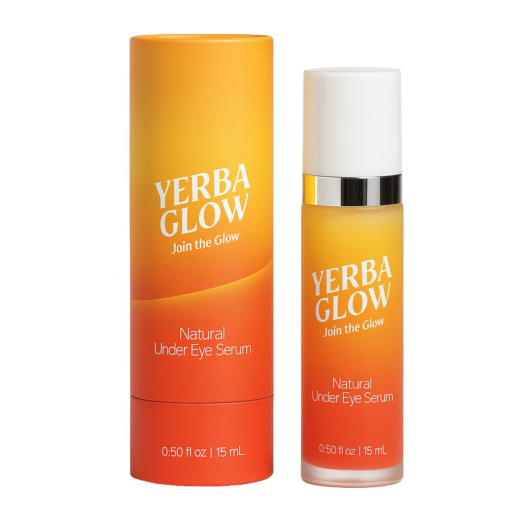 Yerba Glow caffeine eye cream packaging highlights clean vegan formula.