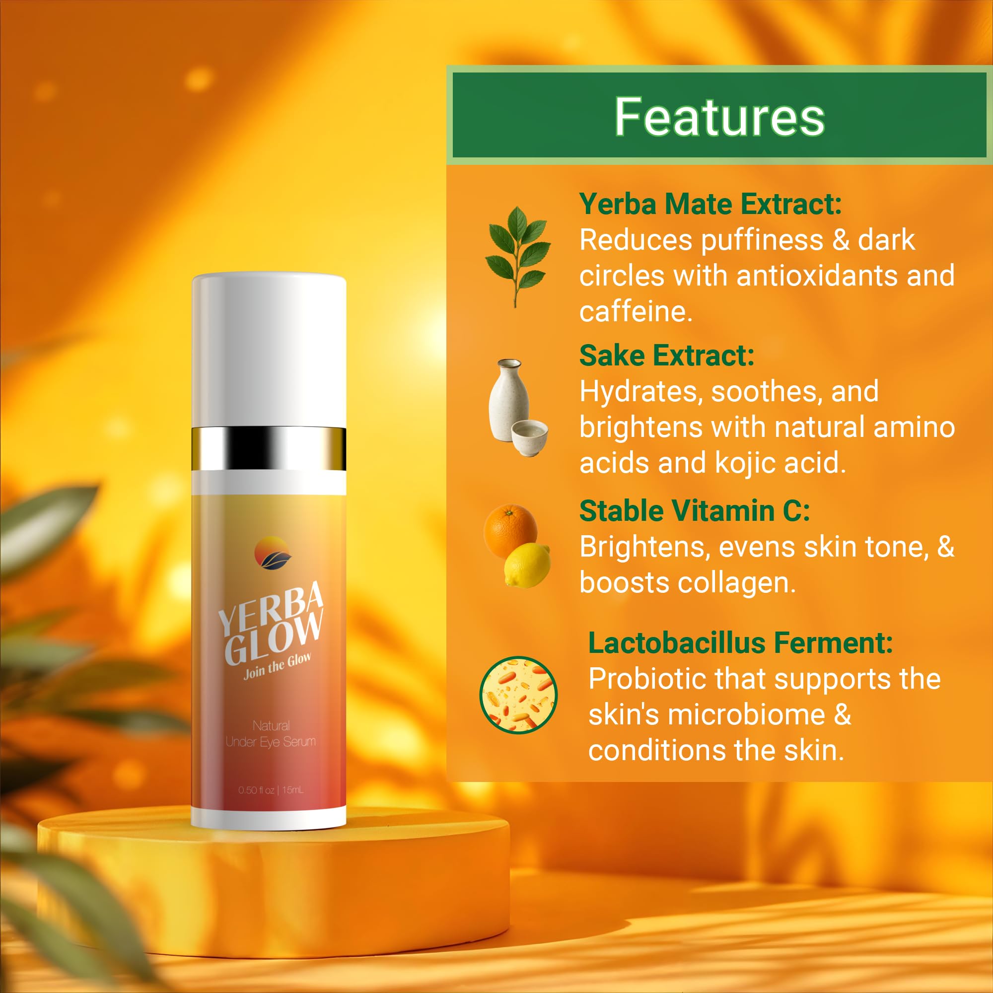 Yerba Glow caffeine and yerba mate ingredients close-up.