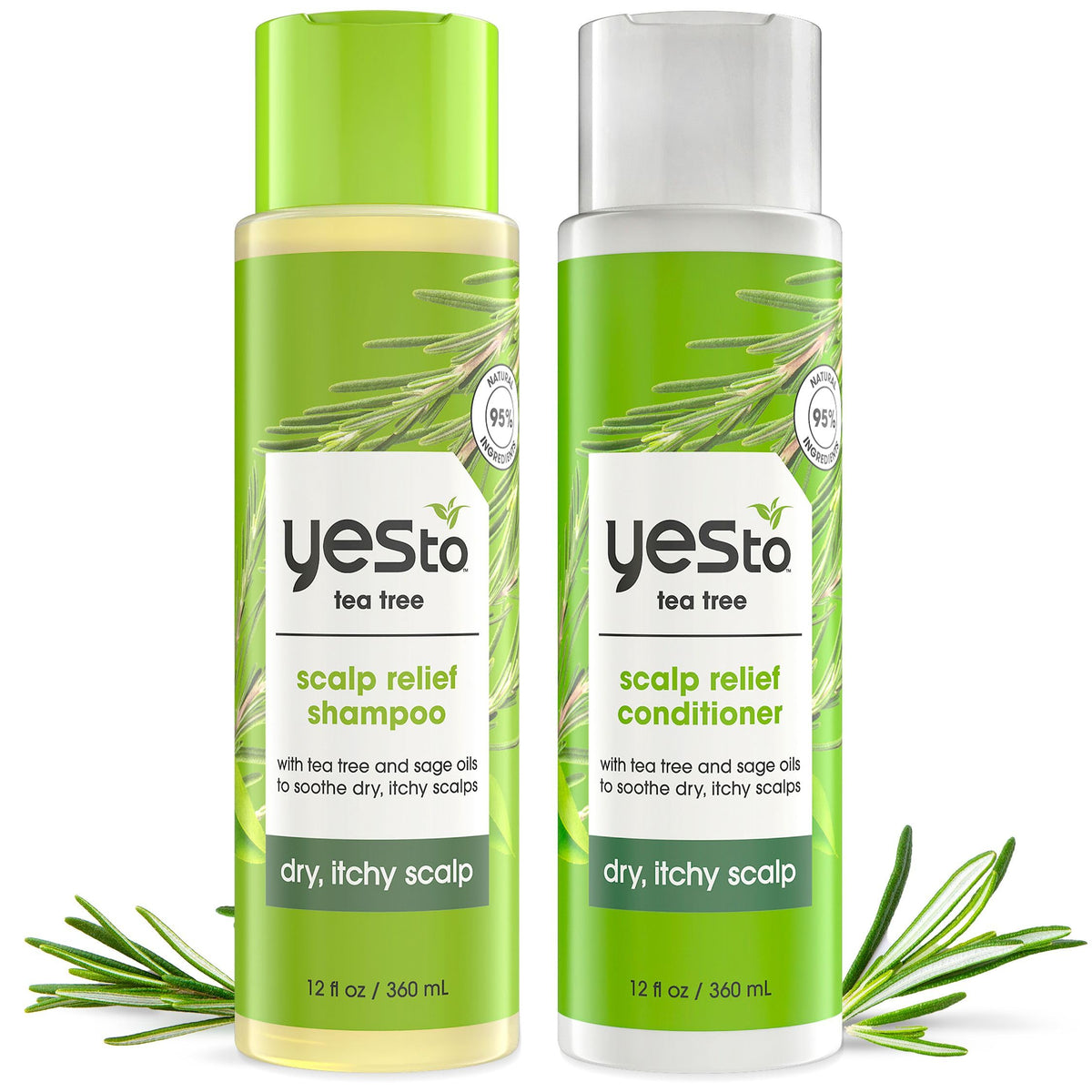 Yes To Tea Tree & Sage Shampoo bottle pour for a refreshing cleanse.