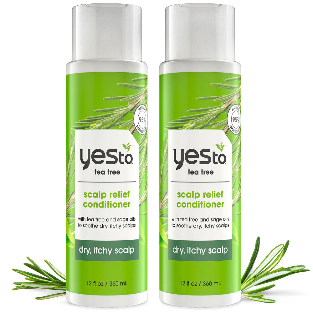 Yes To Tea Tree Scalp Relief Conditioner bottle front calms a dry scalp and hydrates hair