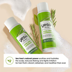 Yes To Tea Tree Scalp Relief Conditioner packaging with ingredients highlights 95 percent natural formula