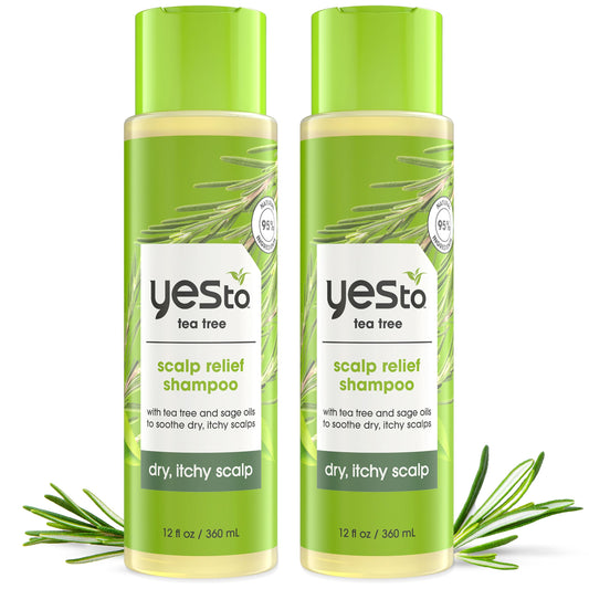 Yes To Tea Tree Scalp Relief Shampoo bottle highlighting calming formula for itchy scalps