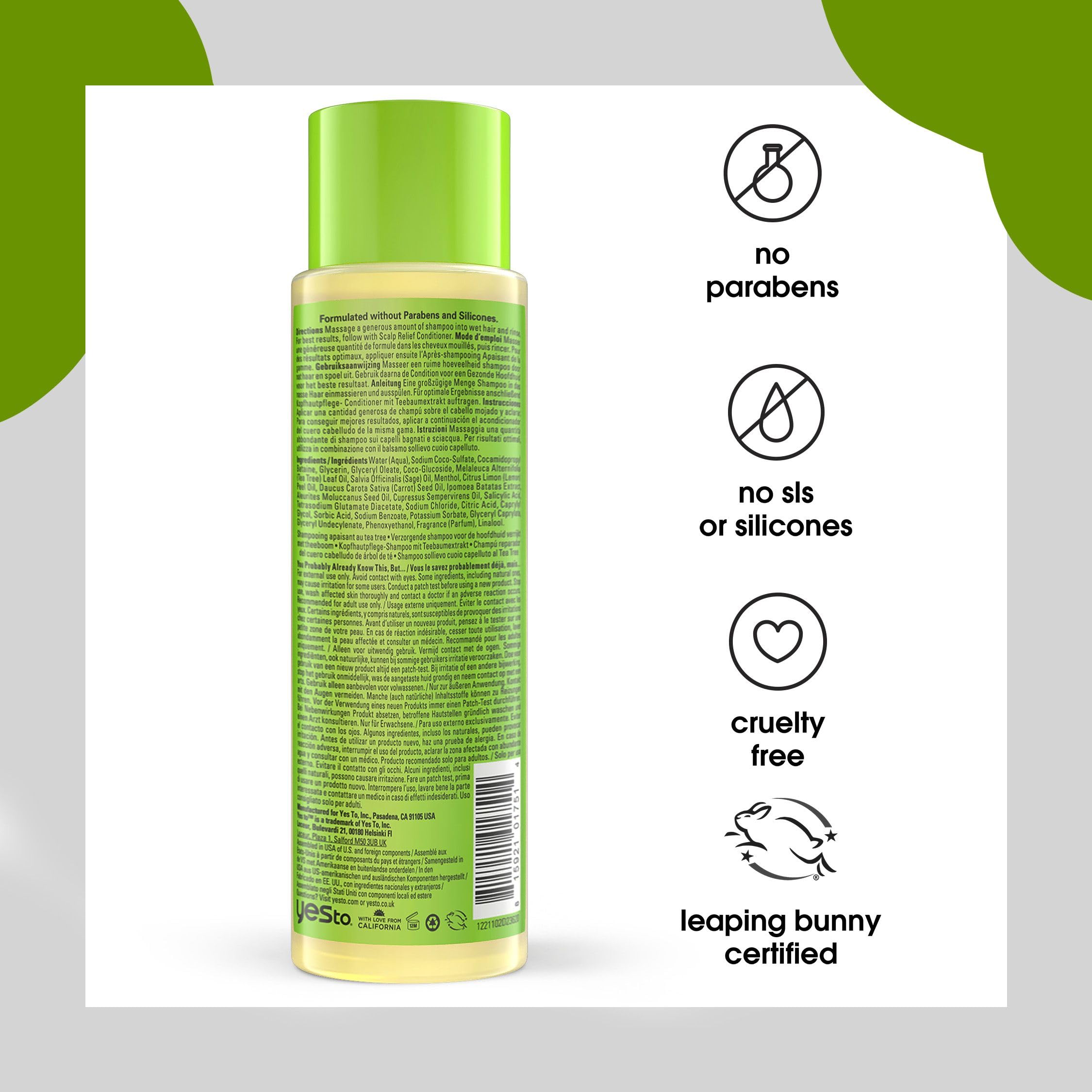 Yes To Tea Tree Scalp Relief Shampoo packaging with cruelty-free label