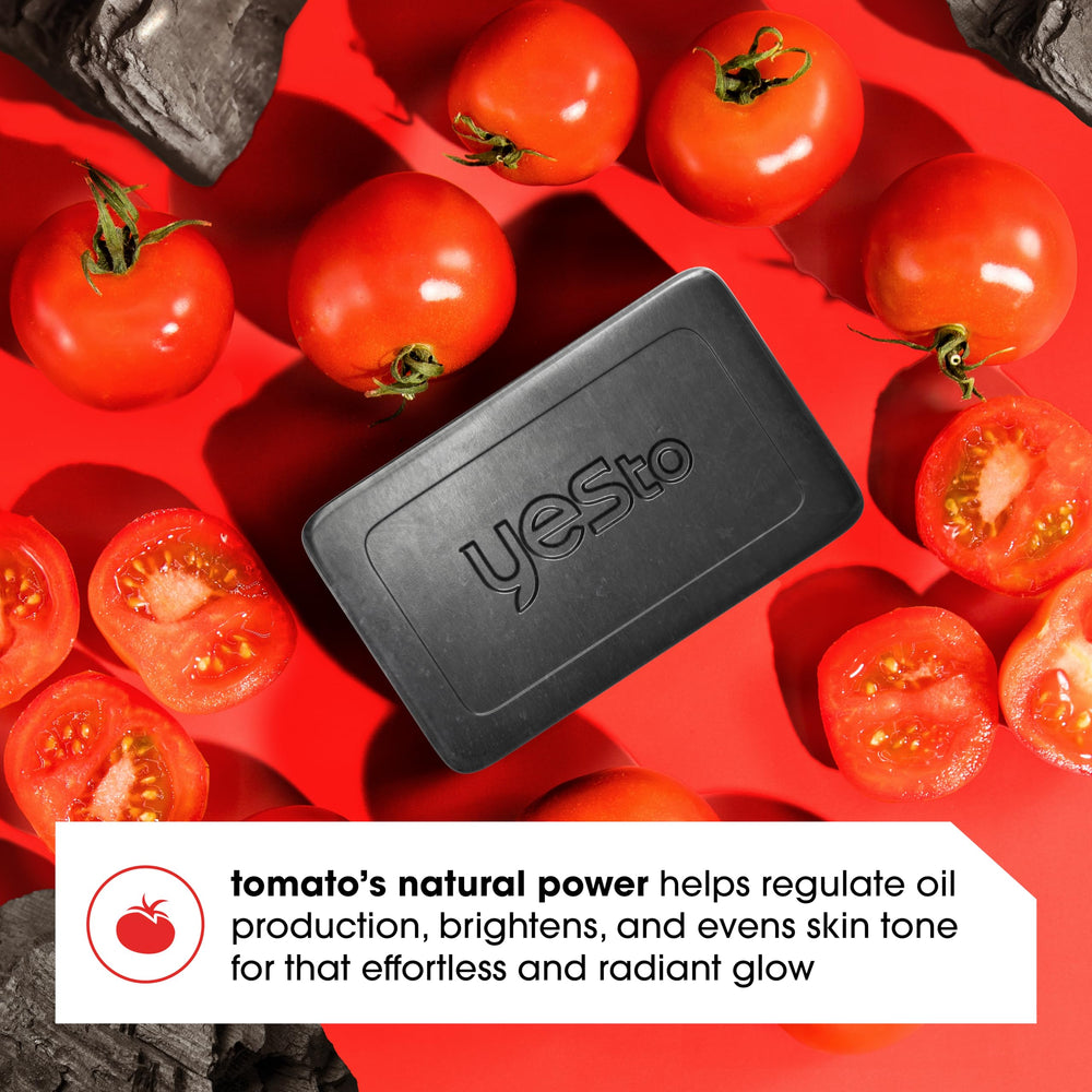 Yes To Tomatoes charcoal bar soap texture highlighting charcoal benefits.