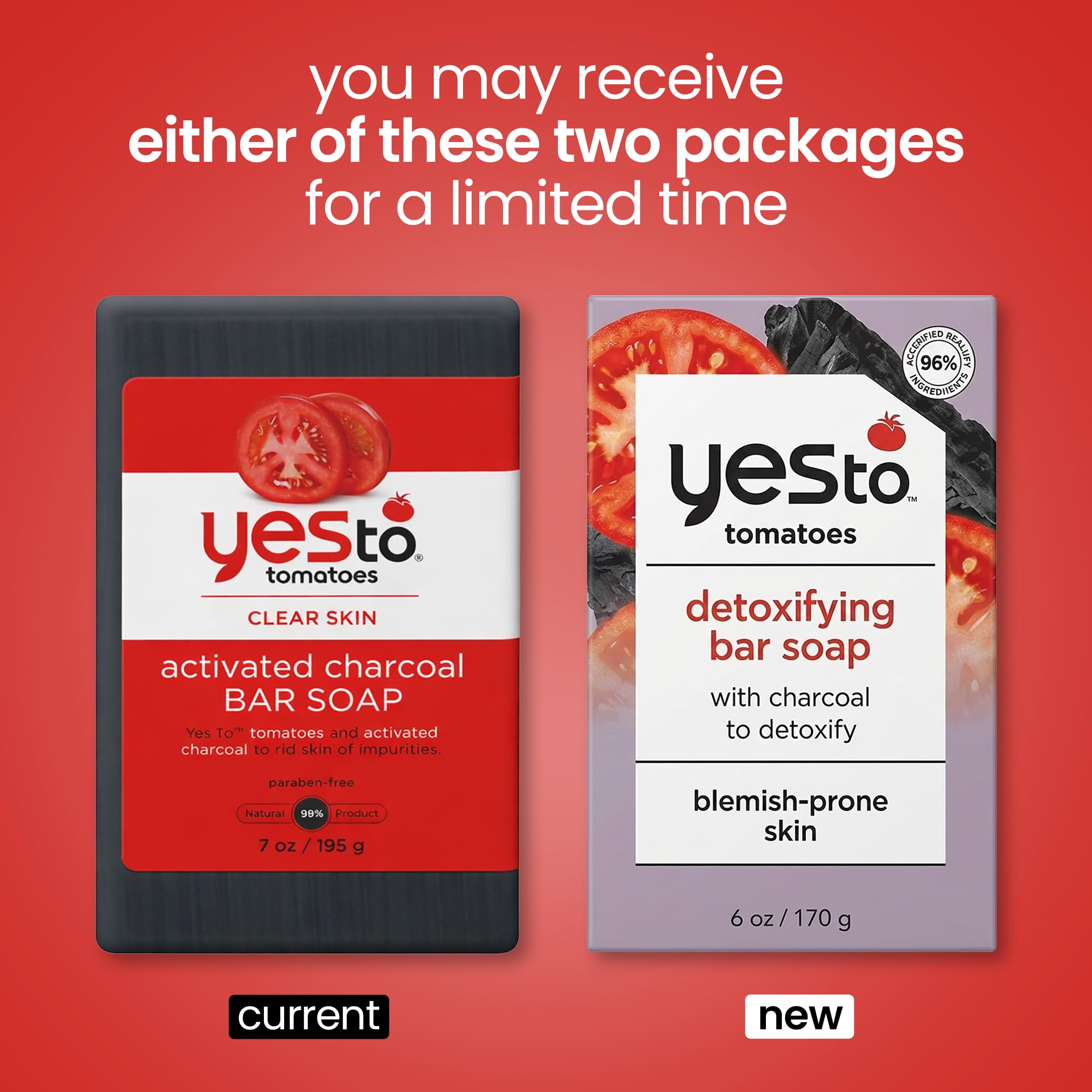 Yes To Tomatoes charcoal bar soap close-up, purifying cleanse for face and body.
