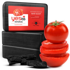 Yes To Tomatoes charcoal bar soap on a clean surface, ideal for daily detox cleansing.
