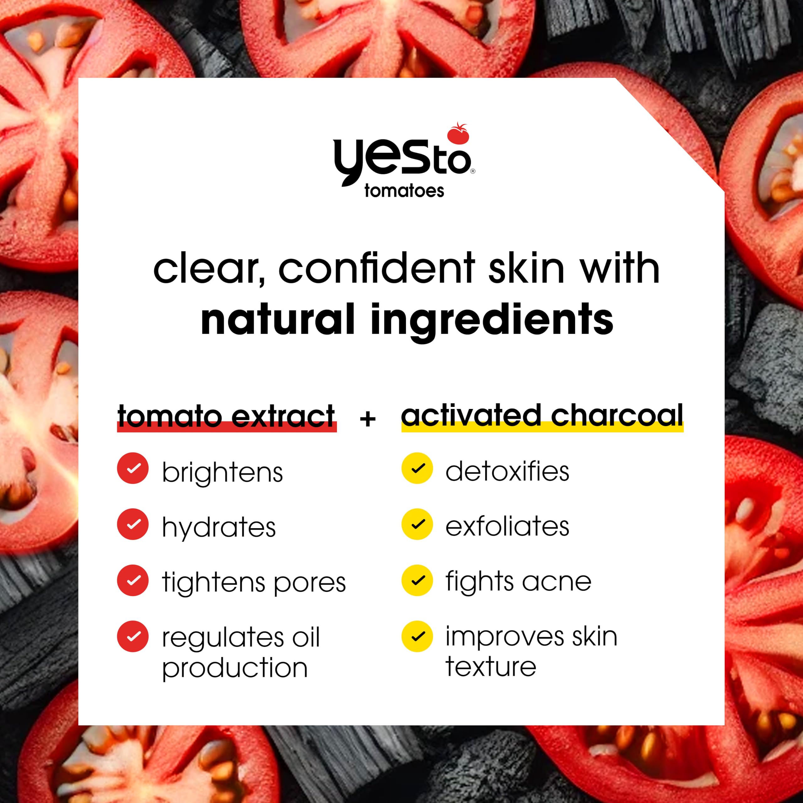 Yes To Tomatoes charcoal bar soap with tomato extracts for antioxidant protection and clarity.