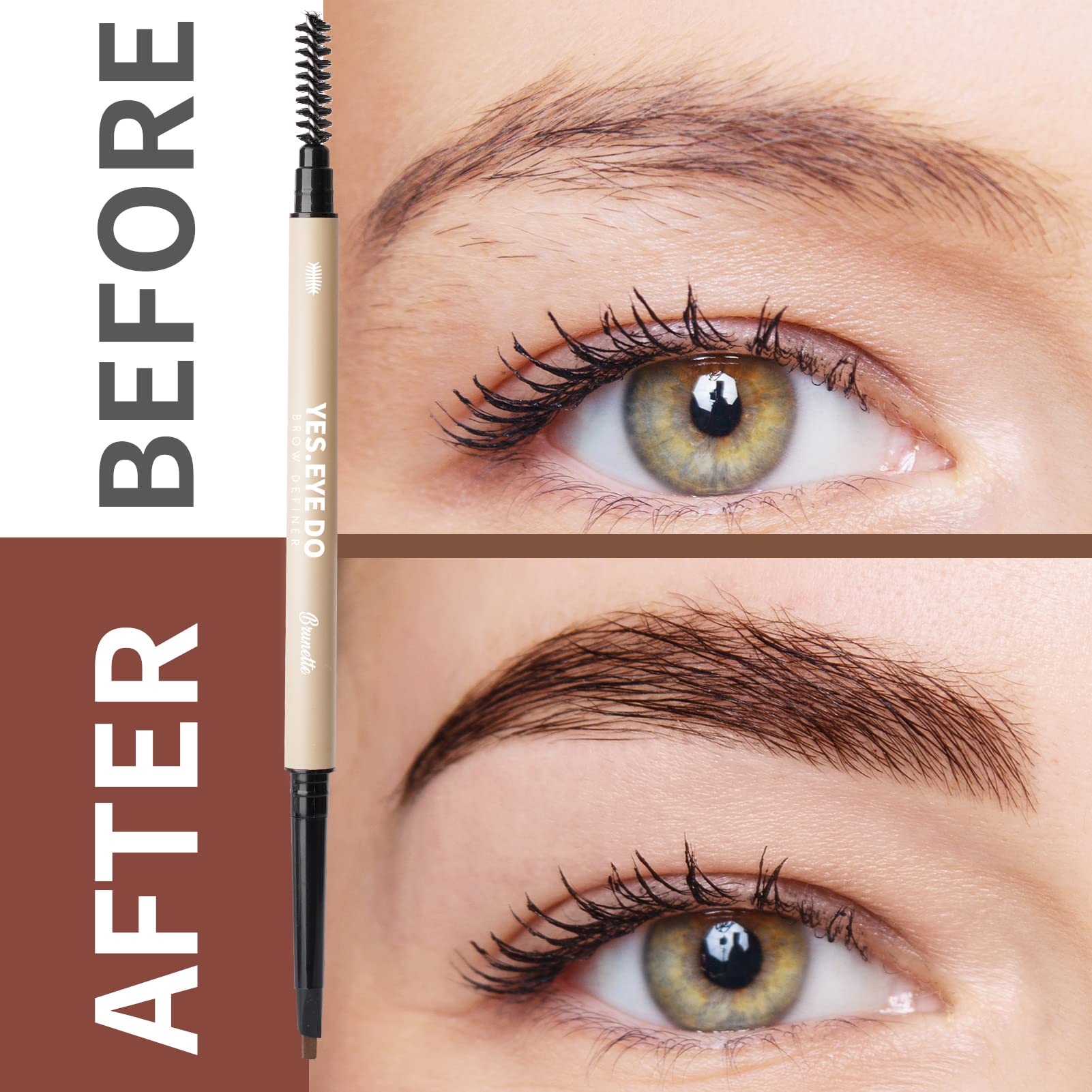 YES.EYE DO Eyebrow Pencil Deep Brown spoolie brush for grooming and blending.