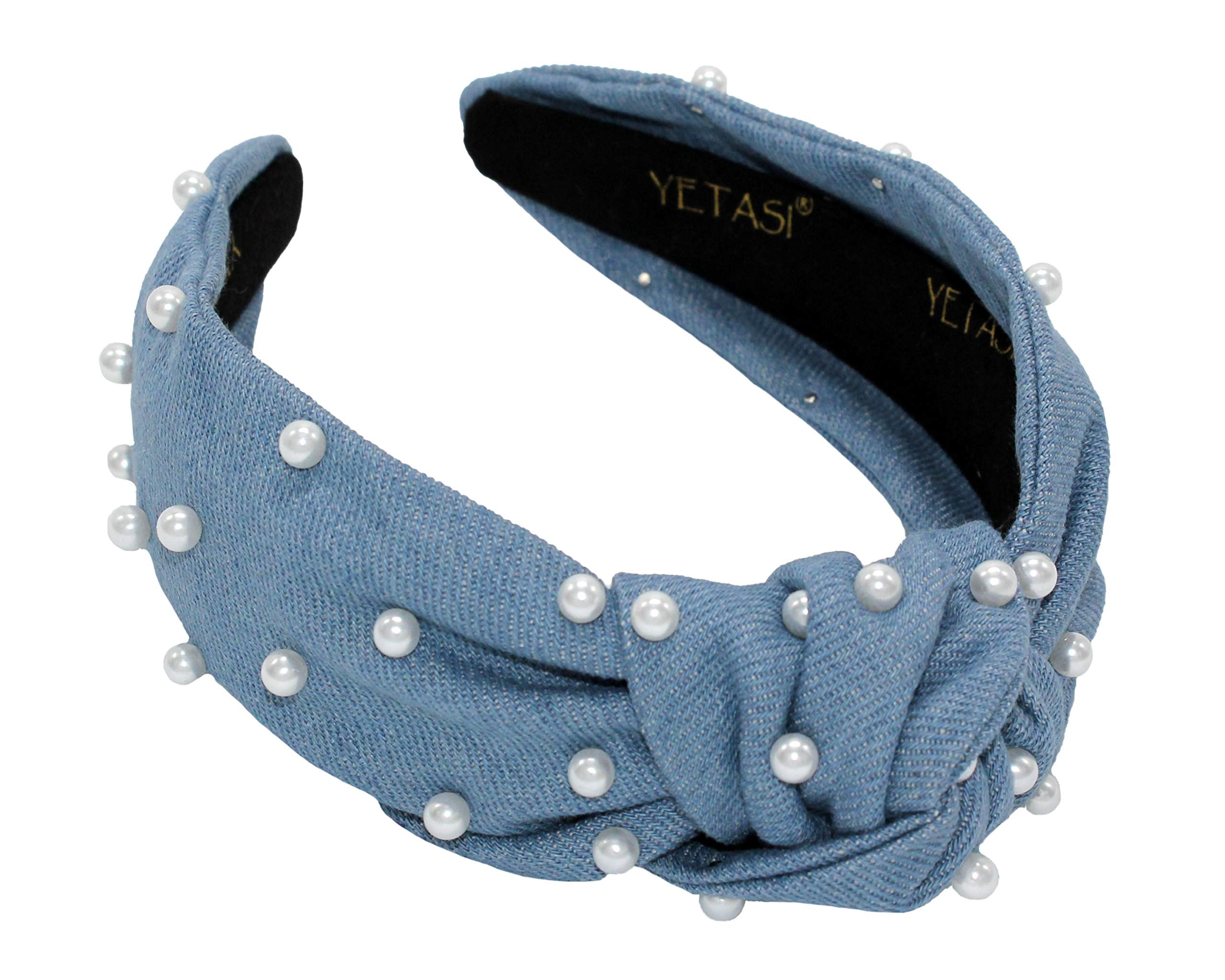 YETASI denim blue pearl knotted headband on model for everyday styling