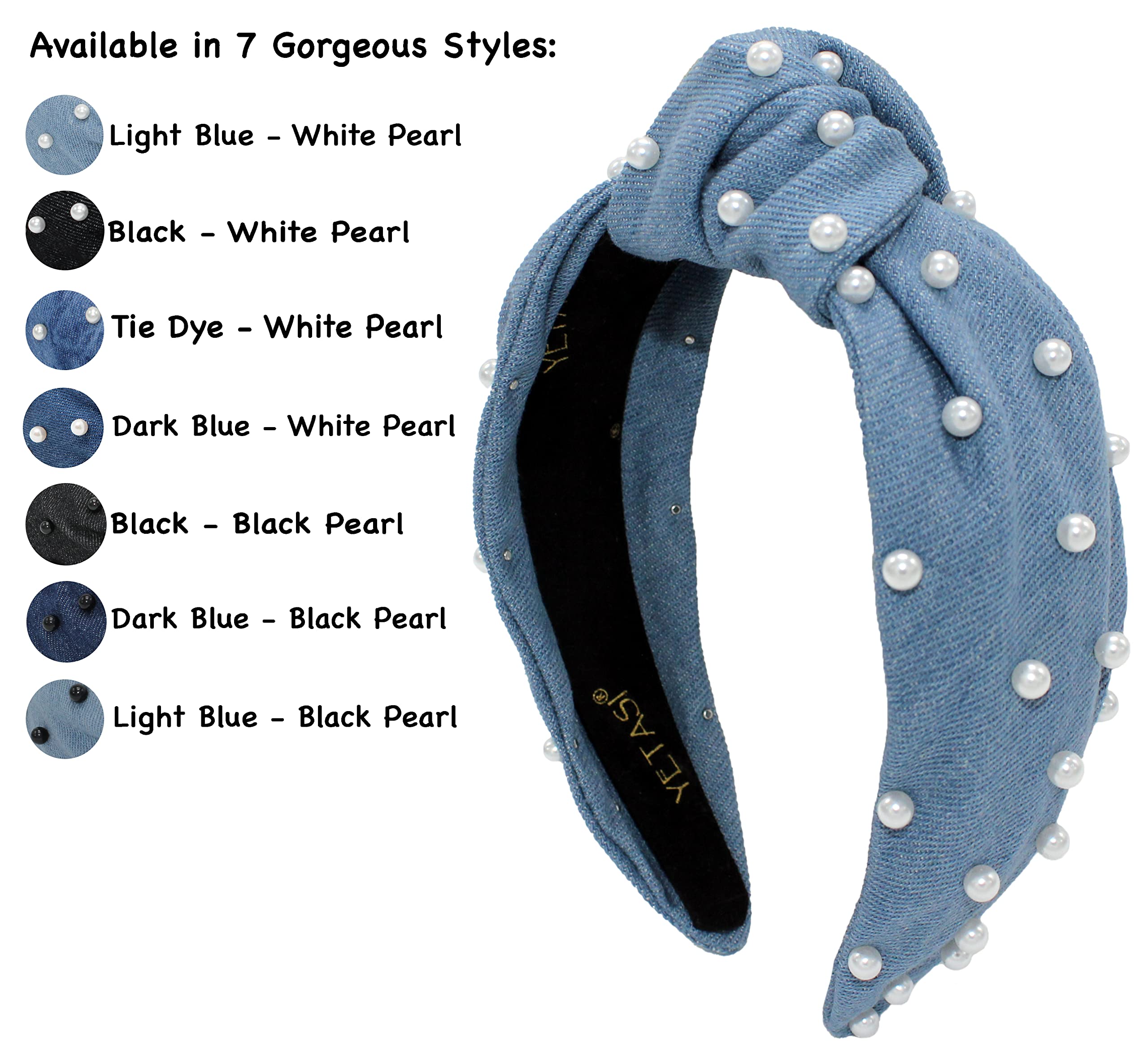 YETASI light blue denim headband close-up showing soft fabric