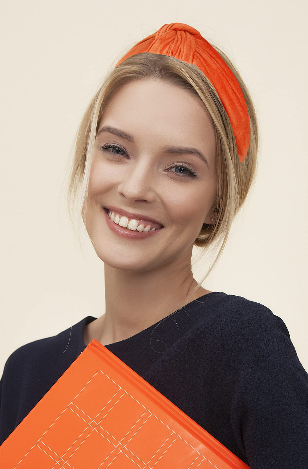 YETASI orange velvet knotted headband worn all day for comfort