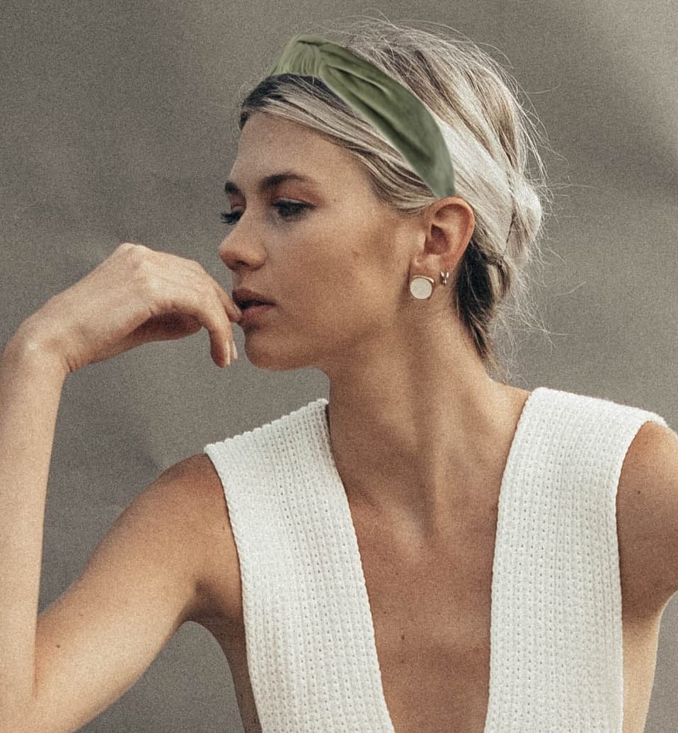 YETASI Sage Green Velvet Knotted Headband close-up showing rich texture