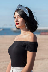 YETASI top-knot denim headband detail with pearls