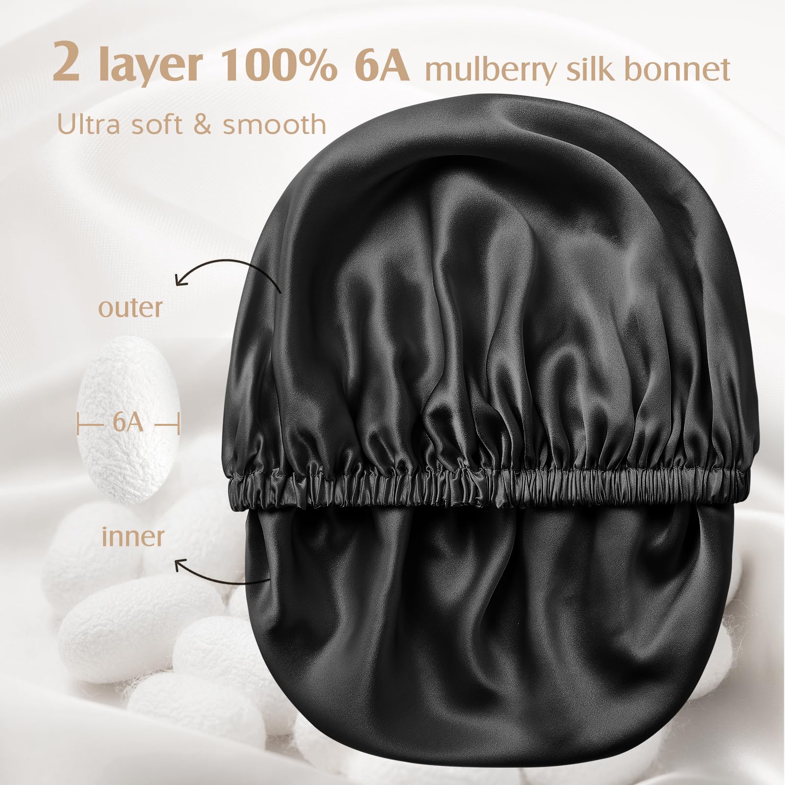 YFONG silk bonnet inner layer close-up, smooth mulberry silk for gentle hair contact.